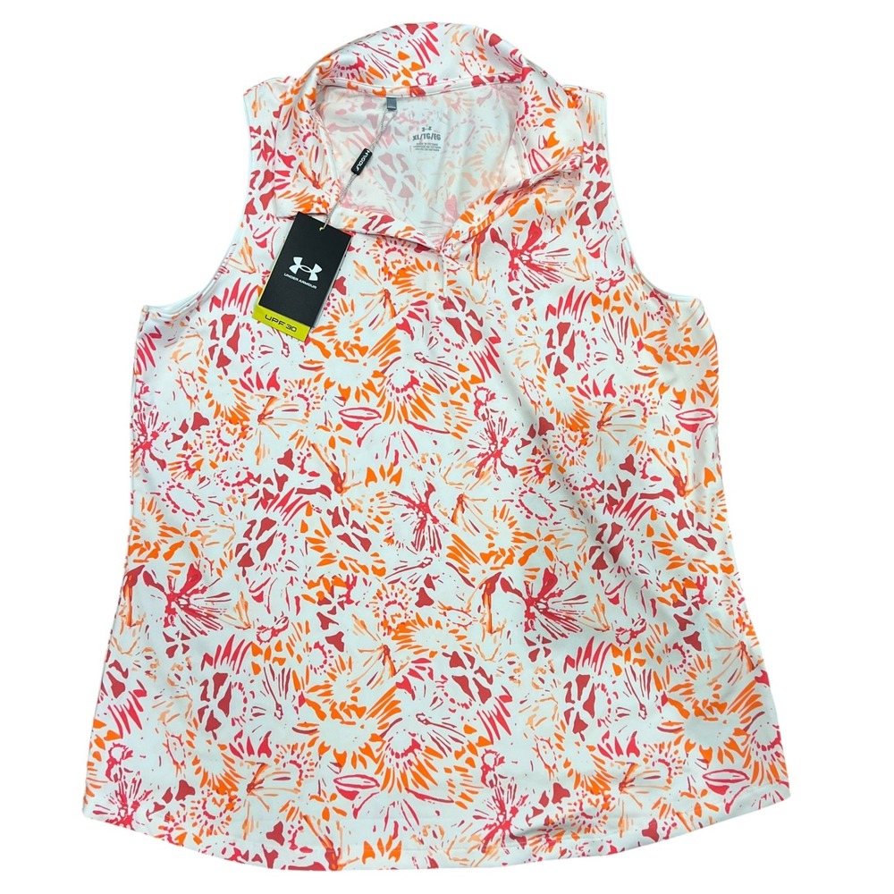 NWT Under Armour Women XL‎ Iso-Chill Sleeveless Golf Polo Pink Orange Floral A12